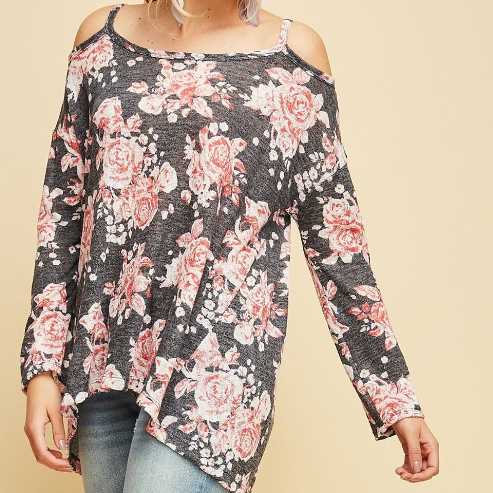 Entro Burnout Floral Print Cold Shoulder Top